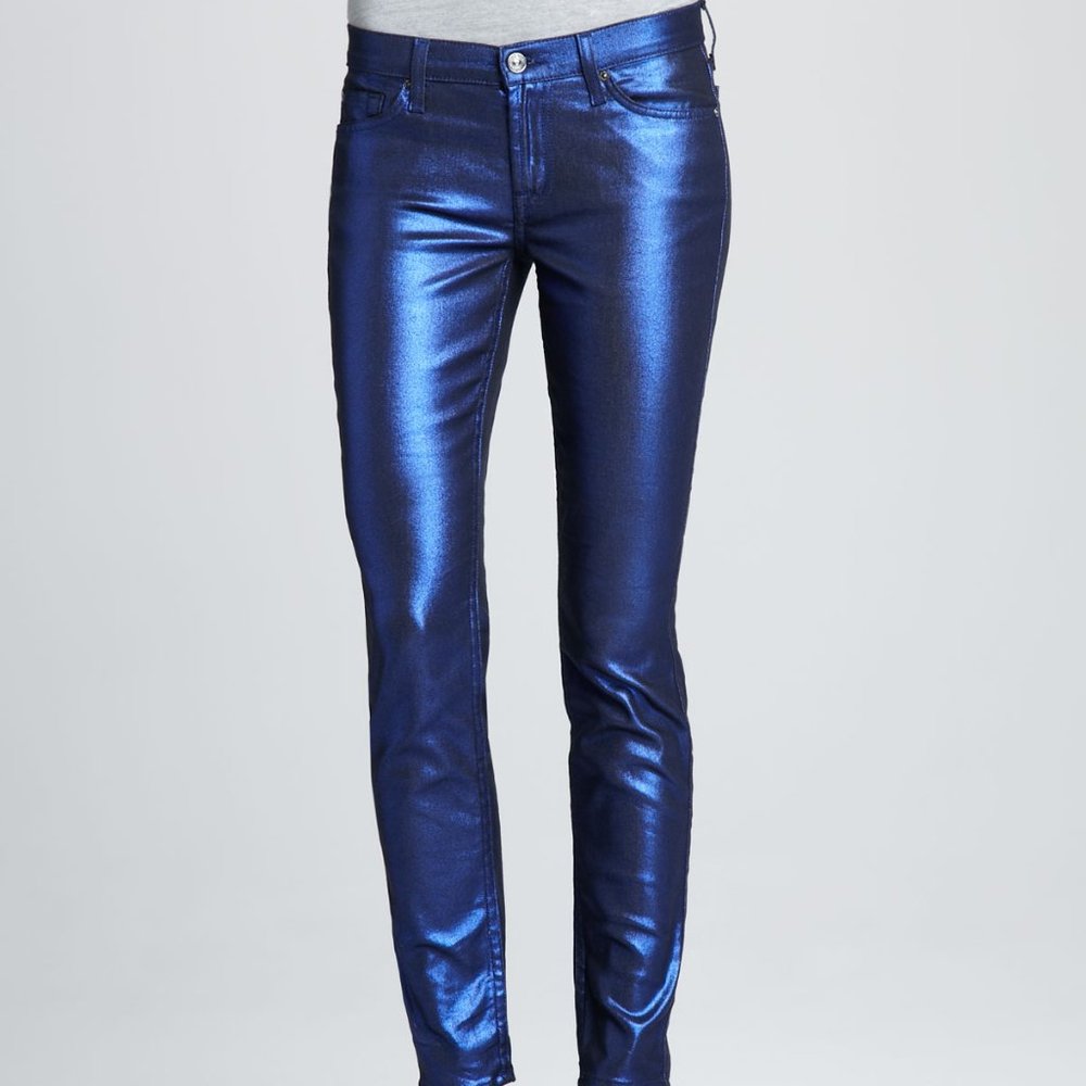 7 For All Mankind Skinny Electric Blue Liquid Metallic Skinny Jeans 28